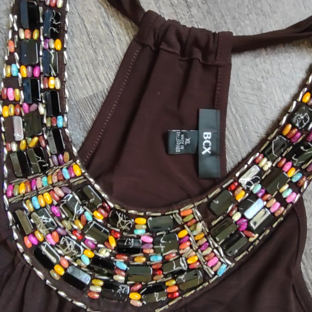 NWT BCX Brown Mini Halter Beaded Dress Racer Back Sz XLg